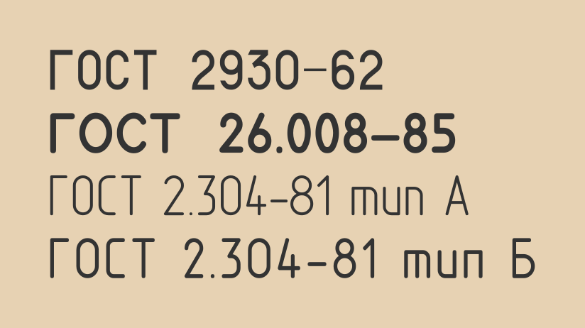 образцы шрифтов ГОСТ 2930-62, ГОСТ 2.304-81, 26.008-85